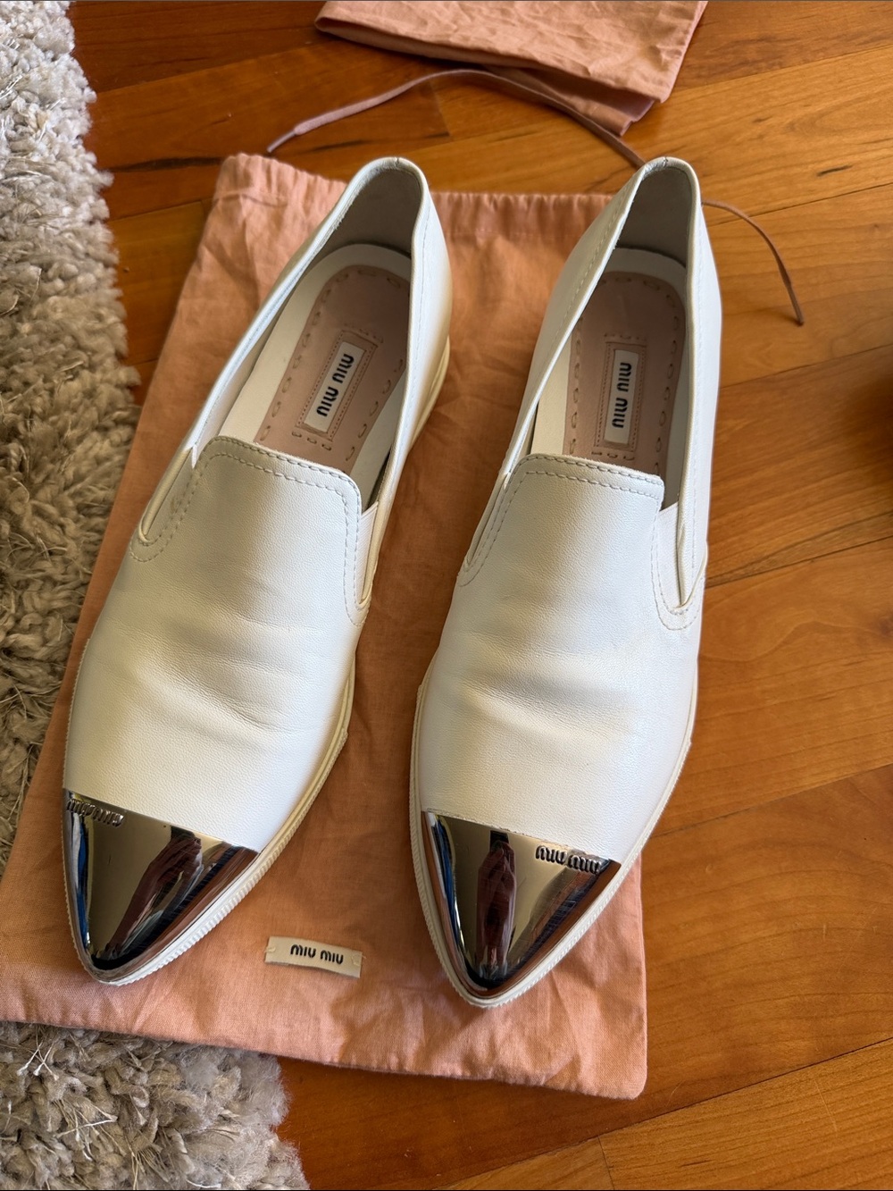 Miu Miu white leather metal cap toe slip-on sneakers flats shoes w dustbag 39.5